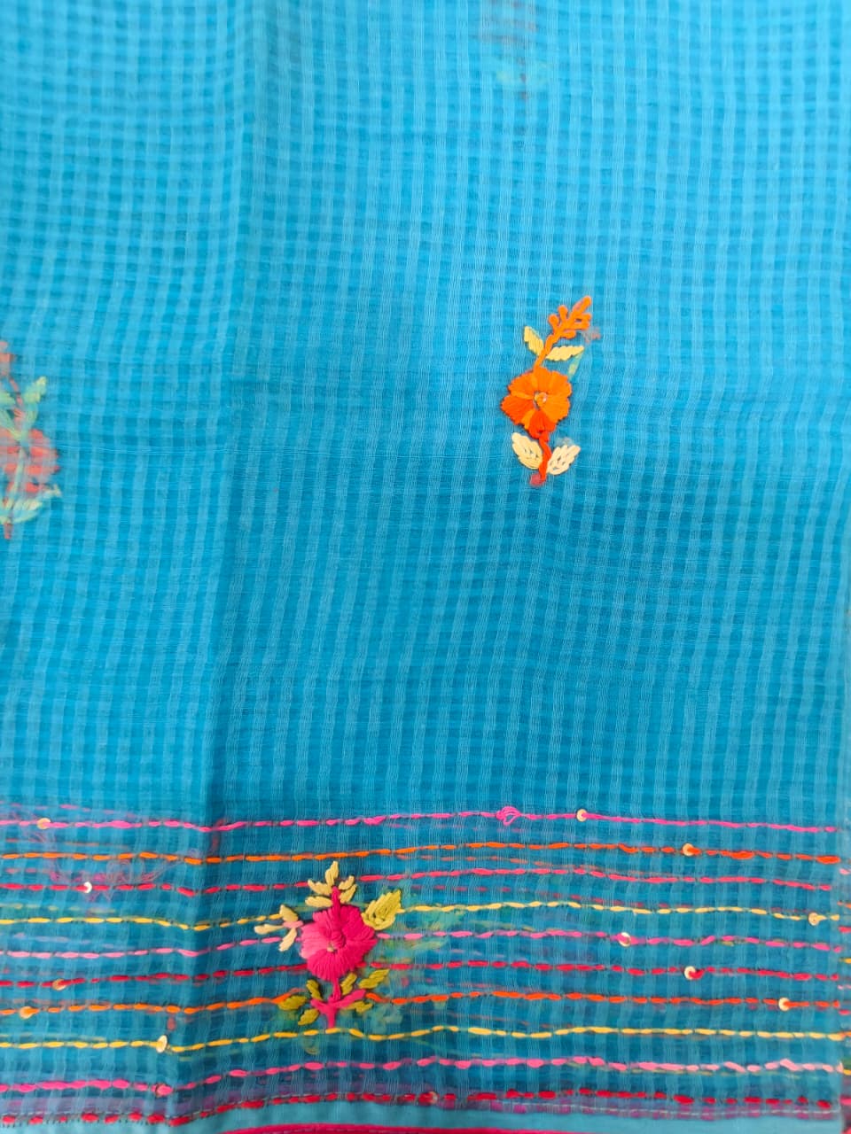 Turquoise Blue Cotton Kota – Hand Bullion Parsi & Kantha Work