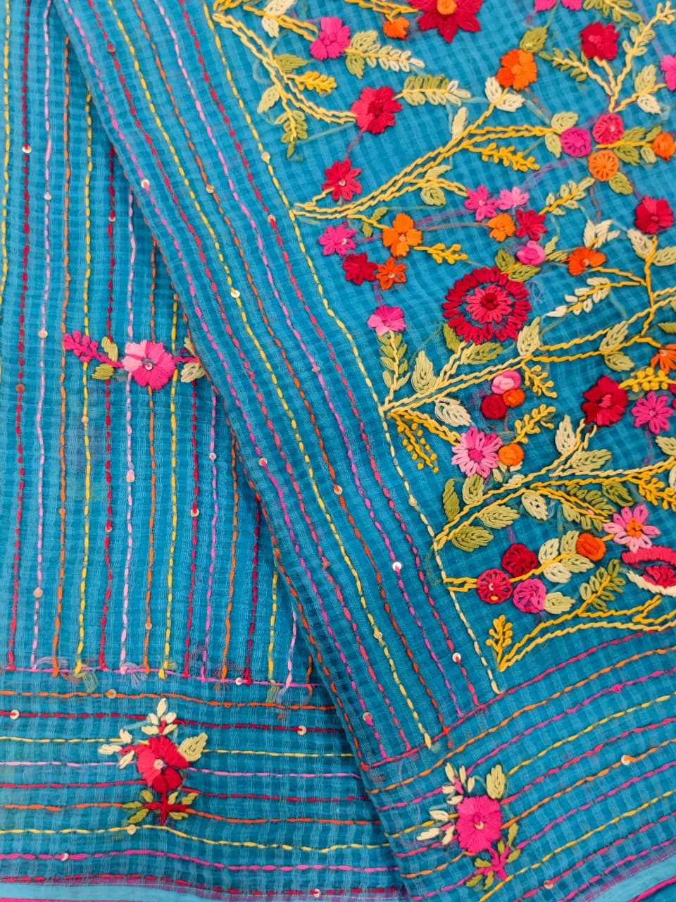 Turquoise Blue Cotton Kota – Hand Bullion Parsi & Kantha Work