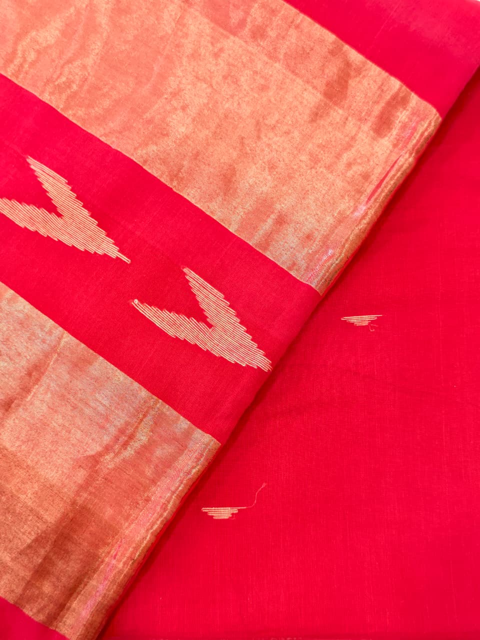 Tomato Red Soft Jamdani Cotton Saree with Tissue Border