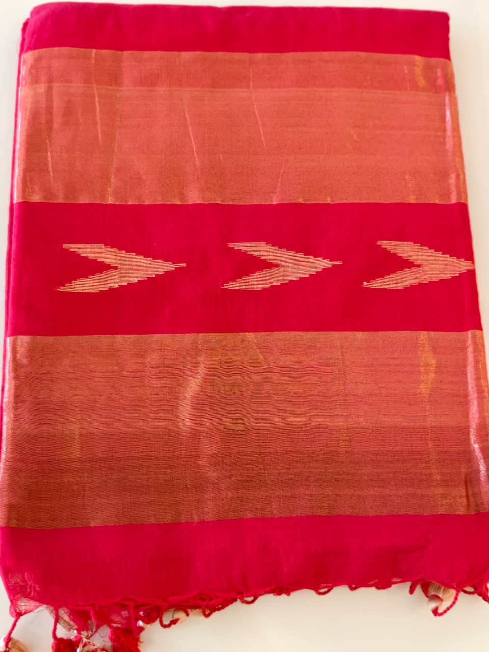 Tomato Red Soft Jamdani Cotton Saree with Tissue Border