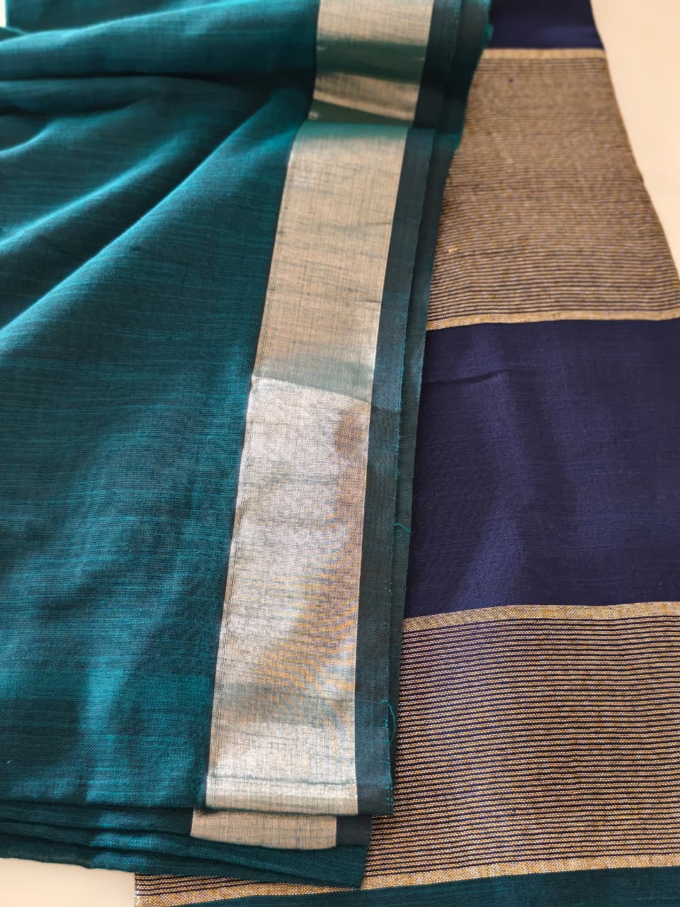 Peacock Teal & Navy Blue Pure Soft Cotton Saree