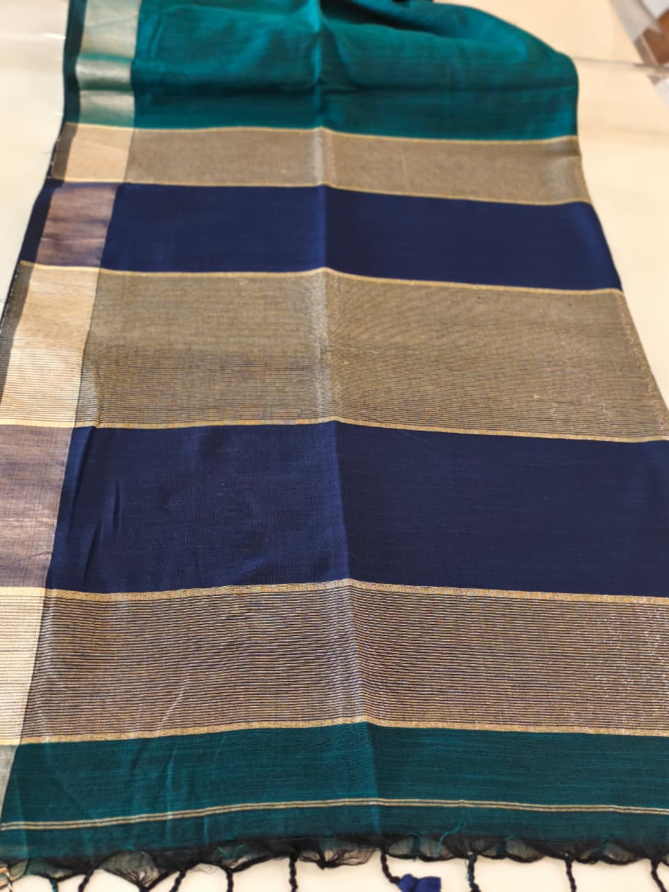 Peacock Teal & Navy Blue Pure Soft Cotton Saree