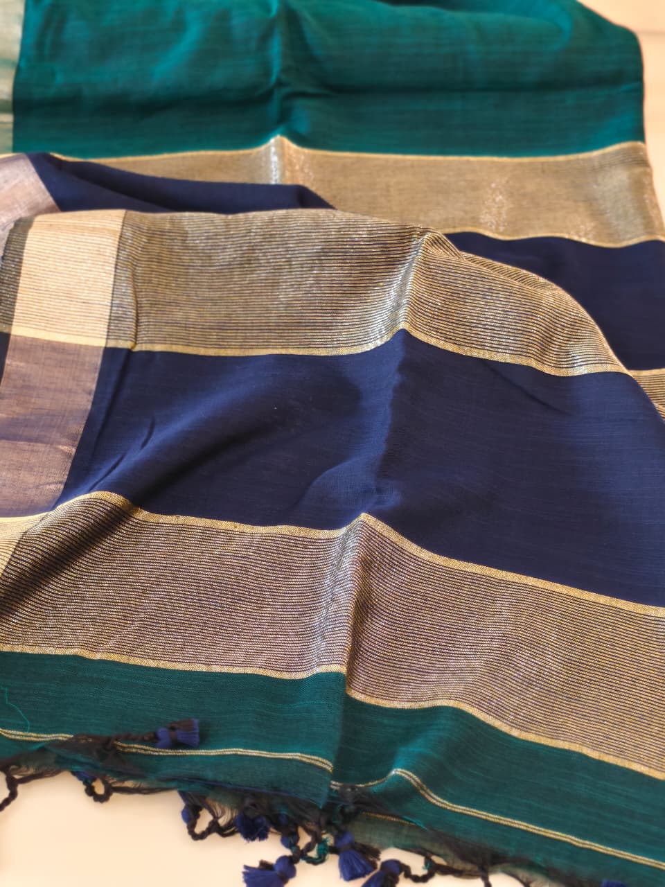 Peacock Teal & Navy Blue Pure Soft Cotton Saree