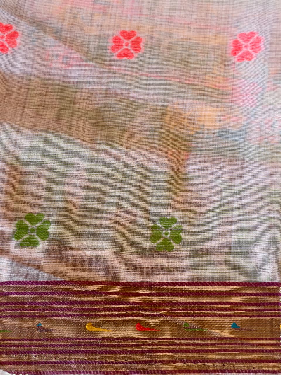 Lavender Lilac Linen Saree with Multicoloured Bird & Floral Pallu