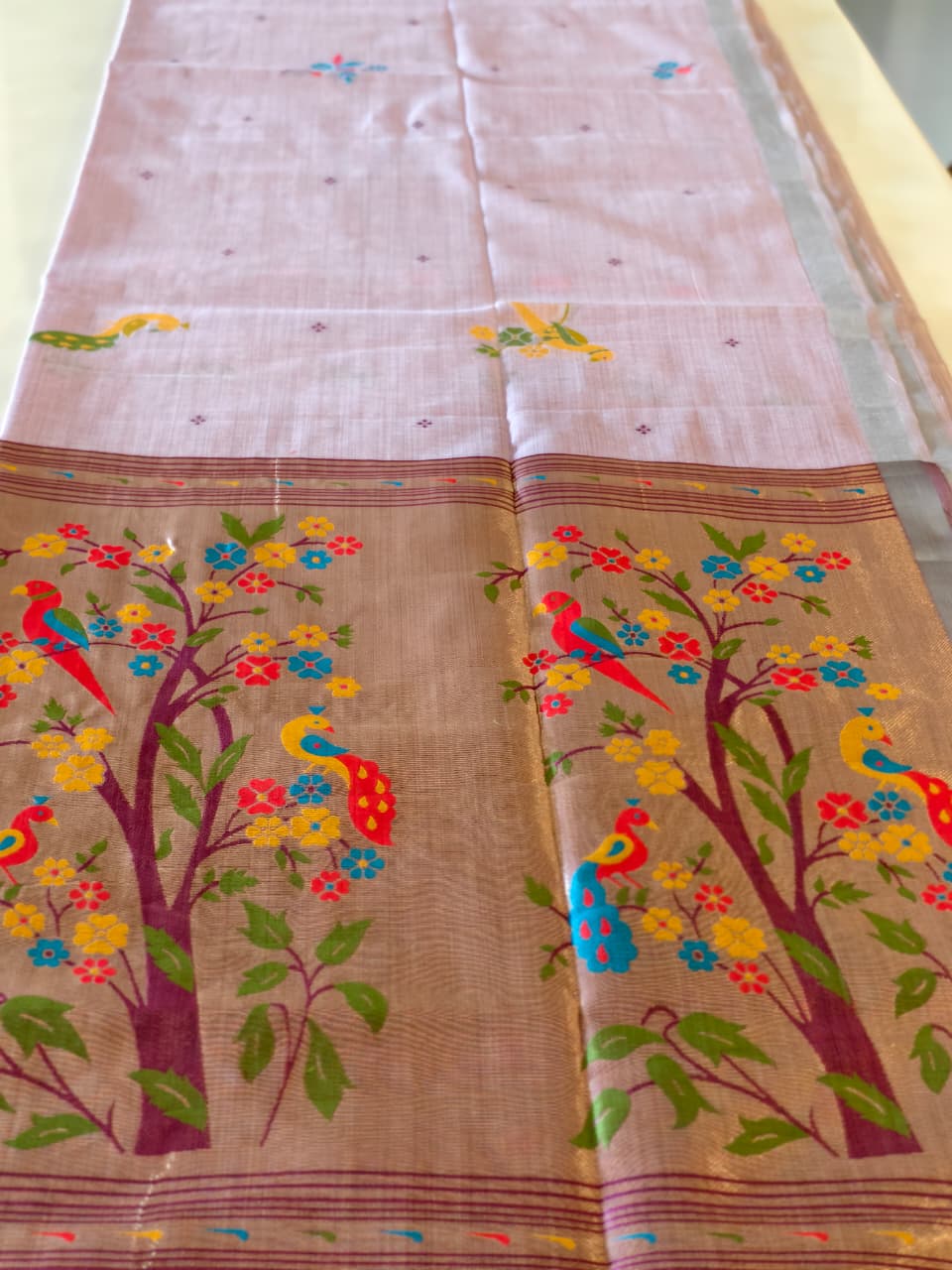 Lavender Lilac Linen Saree with Multicoloured Bird & Floral Pallu
