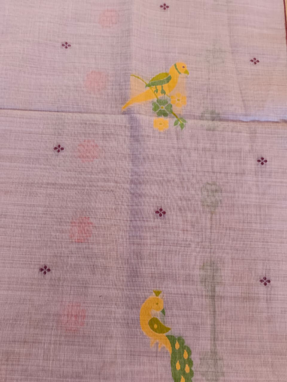 Lavender Lilac Linen Saree with Multicoloured Bird & Floral Pallu