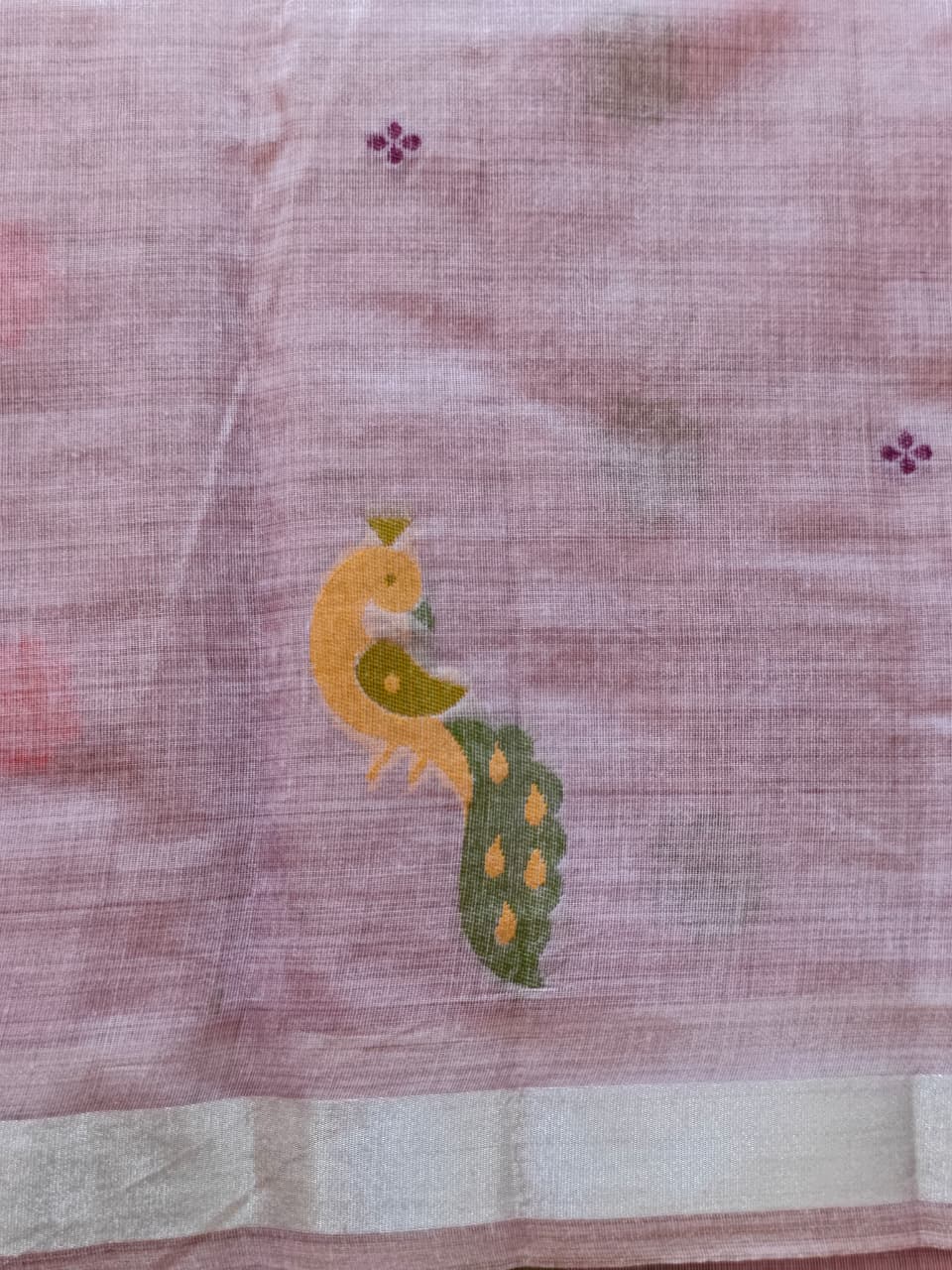 Lavender Lilac Linen Saree with Multicoloured Bird & Floral Pallu