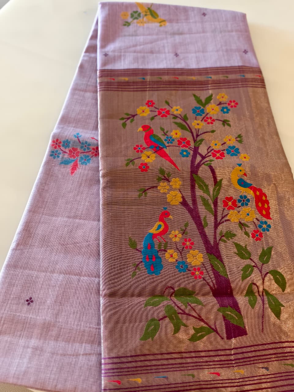 Lavender Lilac Linen Saree with Multicoloured Bird & Floral Pallu