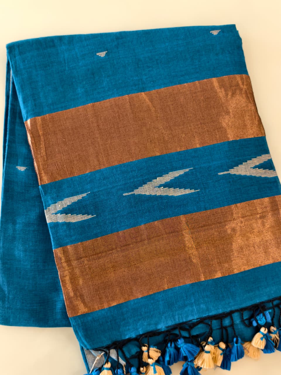 Teal Blue Soft Cotton Saree with Copper Zari & Silver Motifs