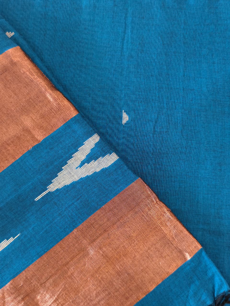 Teal Blue Soft Cotton Saree with Copper Zari & Silver Motifs