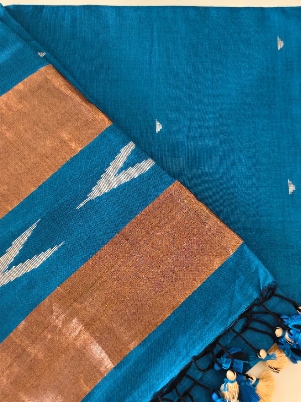 Teal Blue Soft Cotton Saree with Copper Zari & Silver Motifs