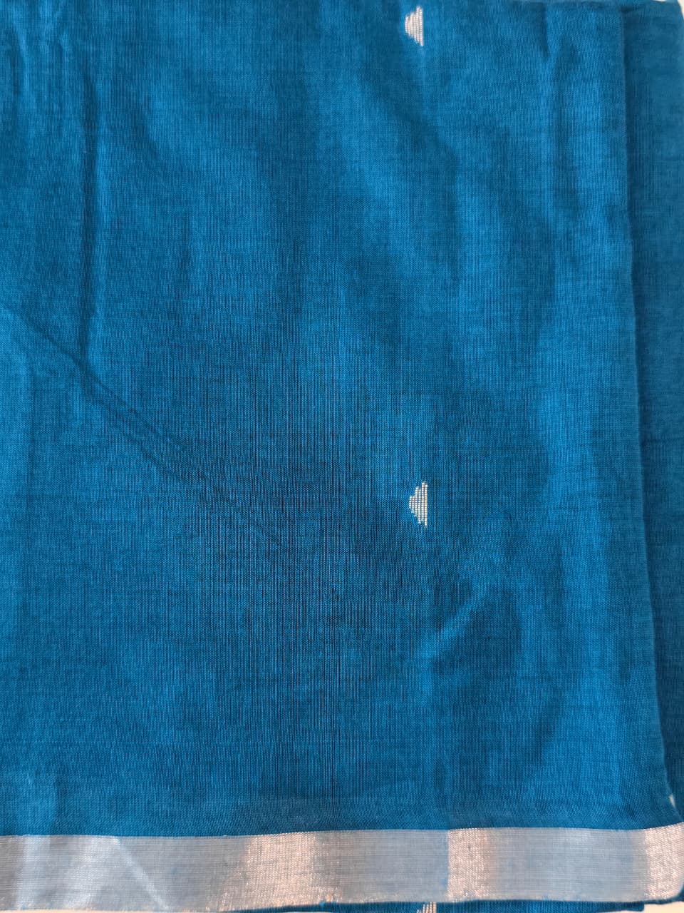 Teal Blue Soft Cotton Saree with Copper Zari & Silver Motifs