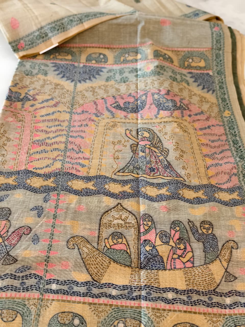 Sand Beige Madhubani inspired village theme woven saree