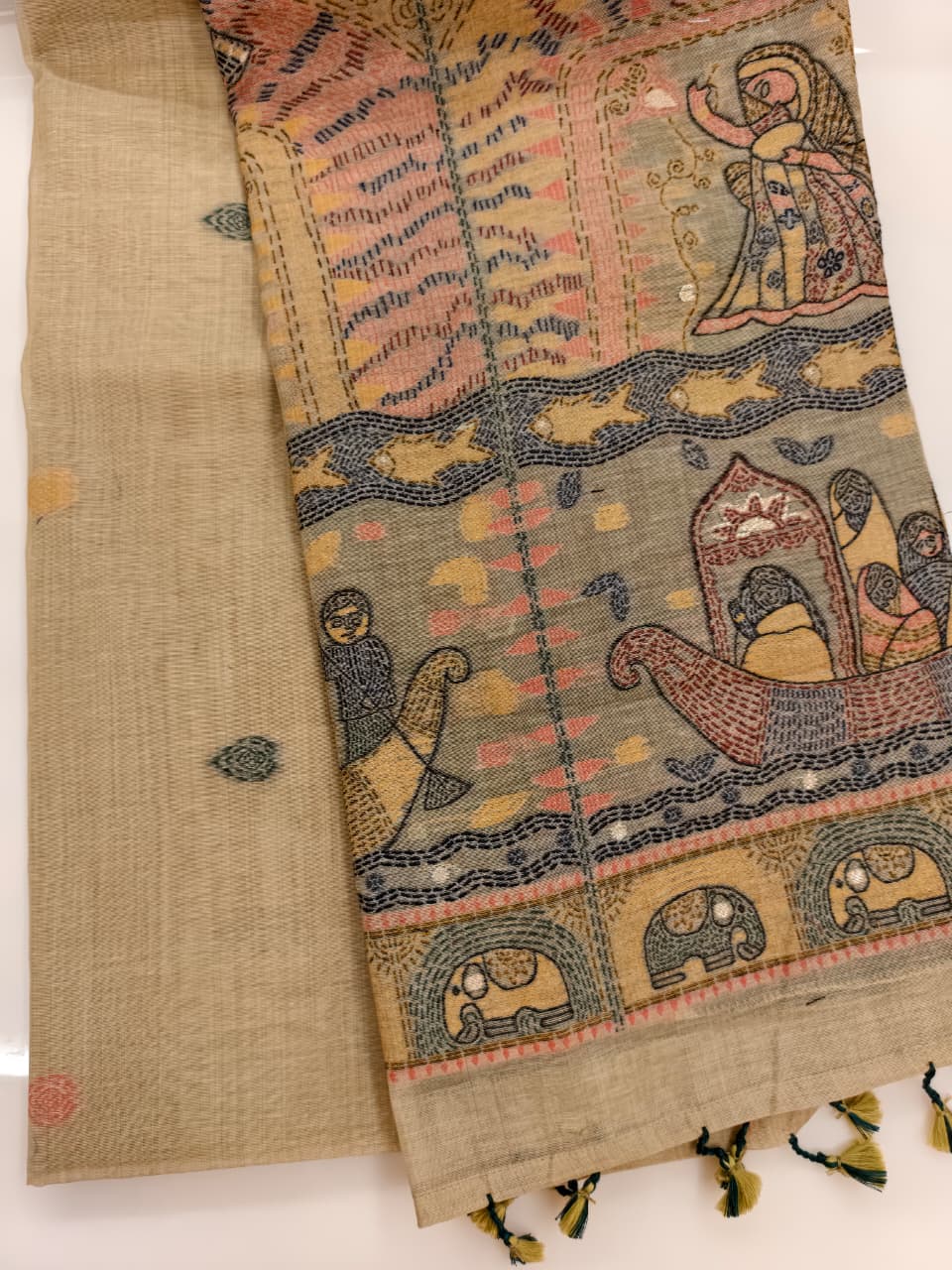Sand Beige Madhubani inspired village theme woven saree