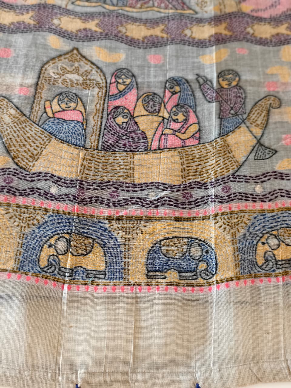 Natural Beige Madhubani inspired village theme woven saree