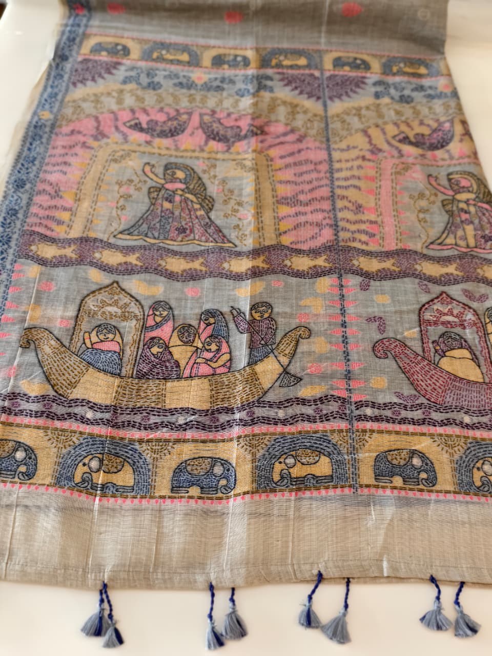 Natural Beige Madhubani inspired village theme woven saree