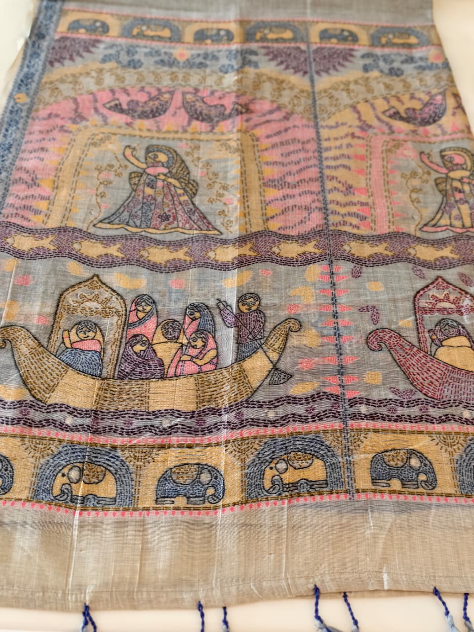 Natural Beige Madhubani inspired village theme woven saree