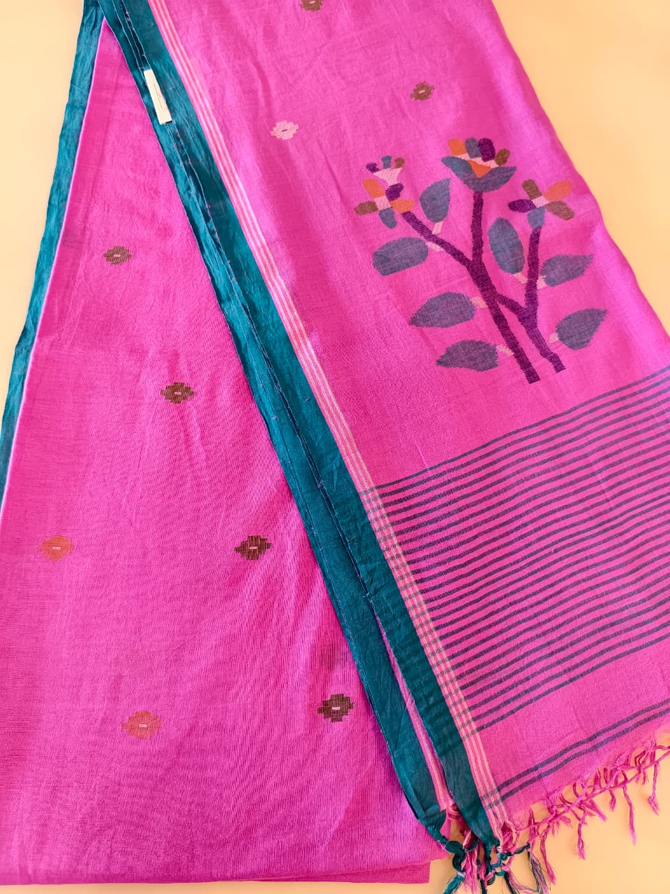 Pink & Teal Pure Handloom Muslin Cotton Jamdani Saree