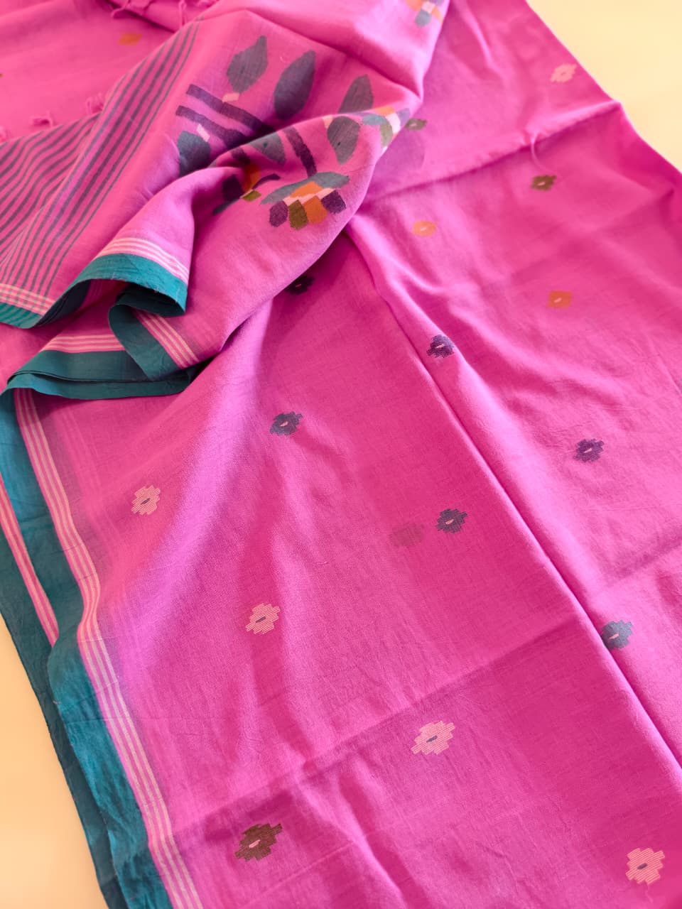 Pink & Teal Pure Handloom Muslin Cotton Jamdani Saree