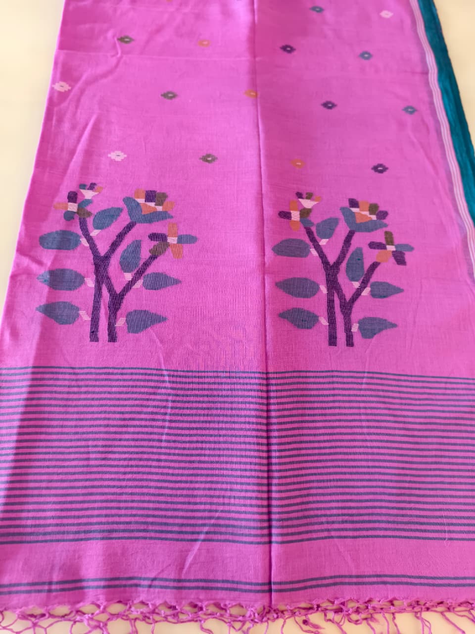 Pink & Teal Pure Handloom Muslin Cotton Jamdani Saree