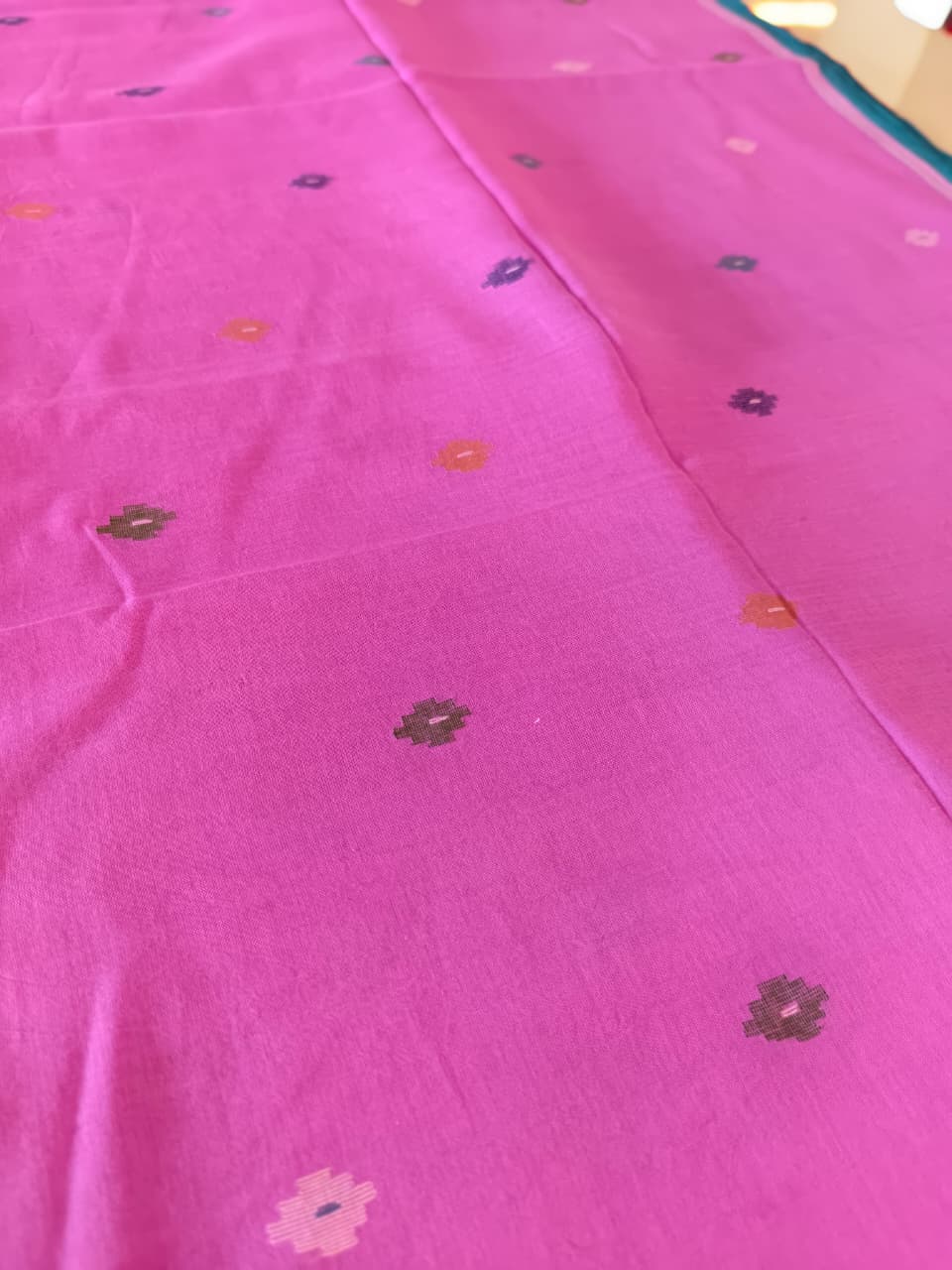 Pink & Teal Pure Handloom Muslin Cotton Jamdani Saree