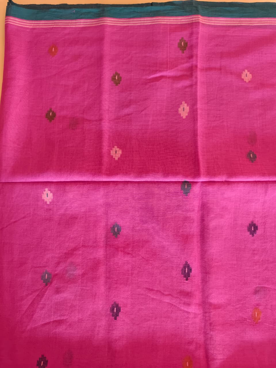 Pink & Teal Pure Handloom Muslin Cotton Jamdani Saree