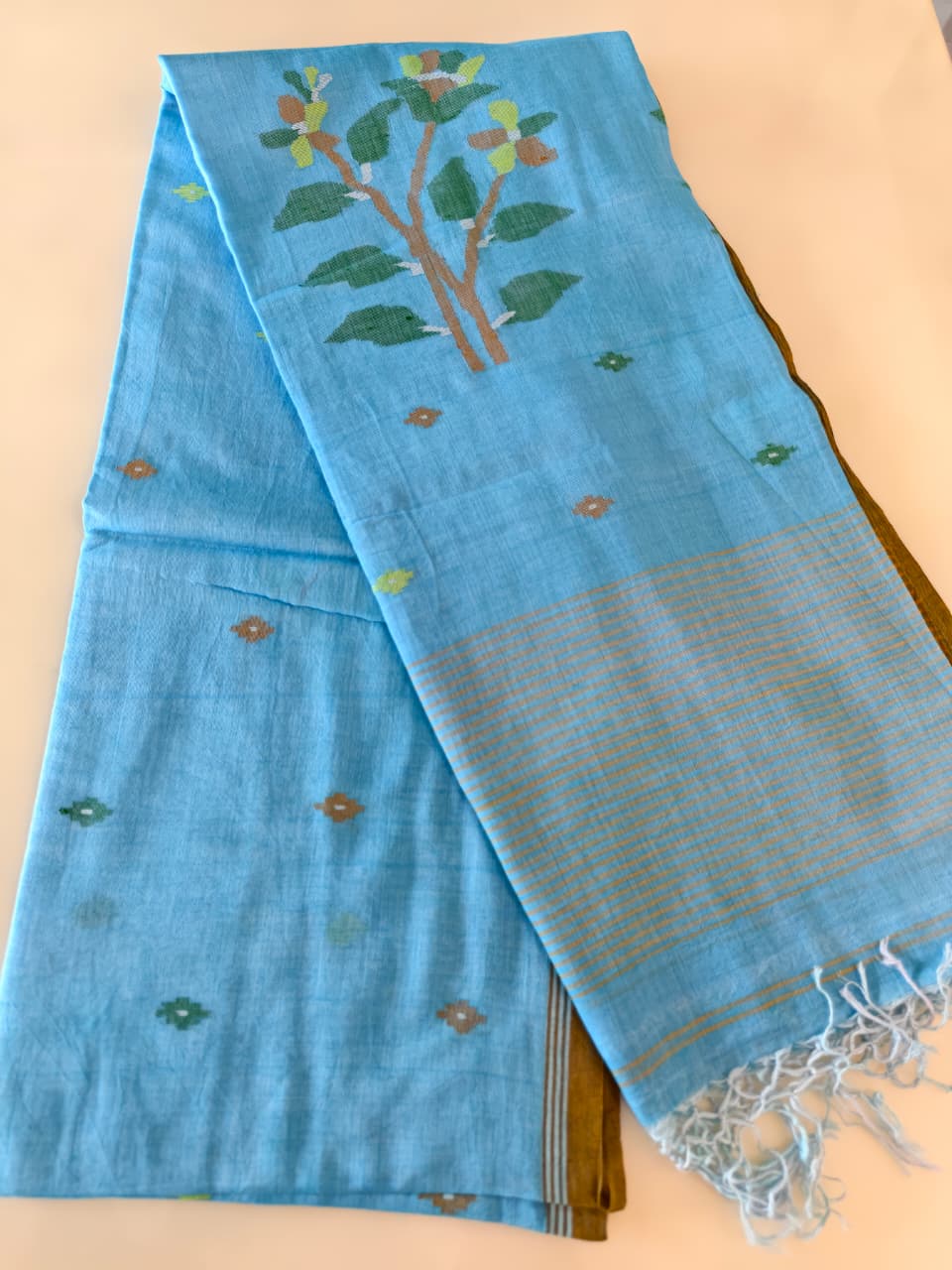 Sky Blue Pure Handwoven Muslin Cotton Jamdani Saree