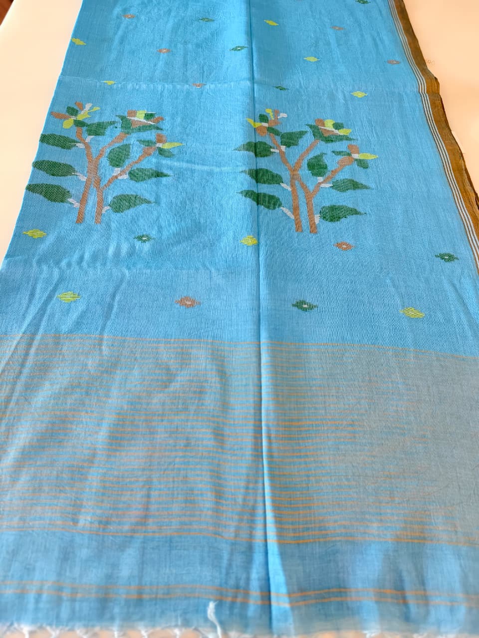 Sky Blue Pure Handwoven Muslin Cotton Jamdani Saree
