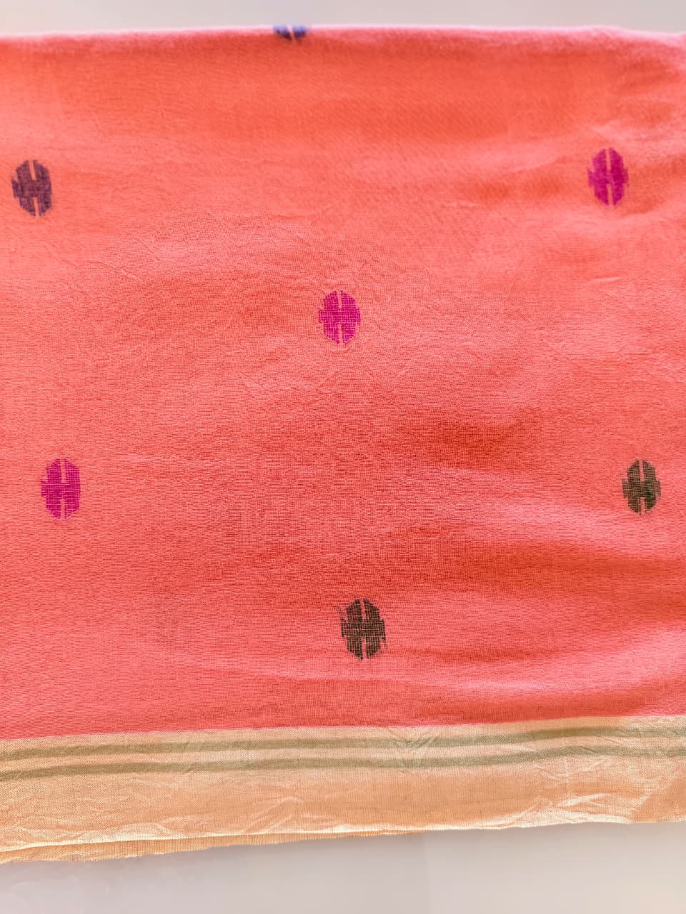 Coral Peach Pure Handloom Muslin Cotton Jamdani Saree