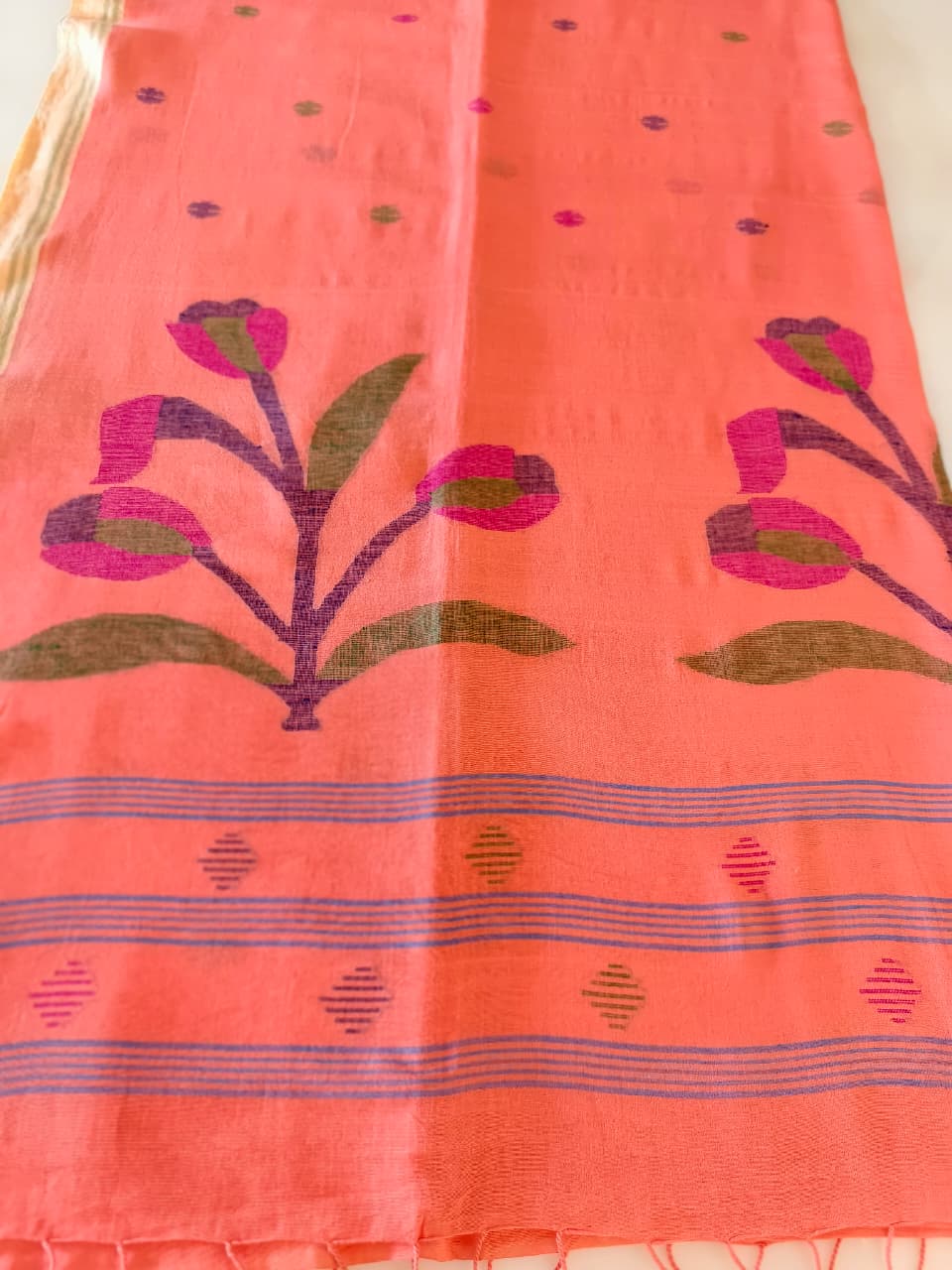 Coral Peach Pure Handloom Muslin Cotton Jamdani Saree