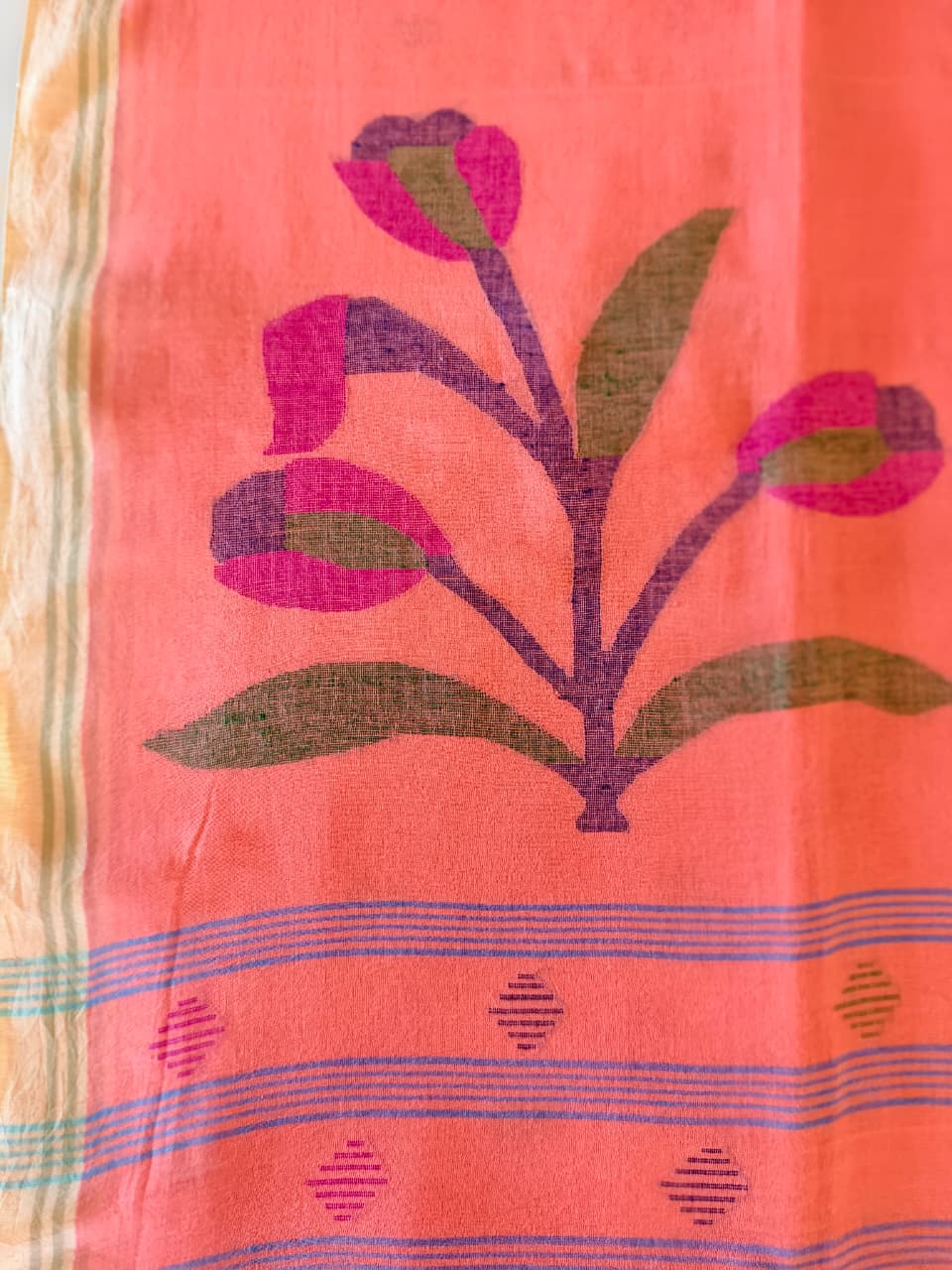 Coral Peach Pure Handloom Muslin Cotton Jamdani Saree