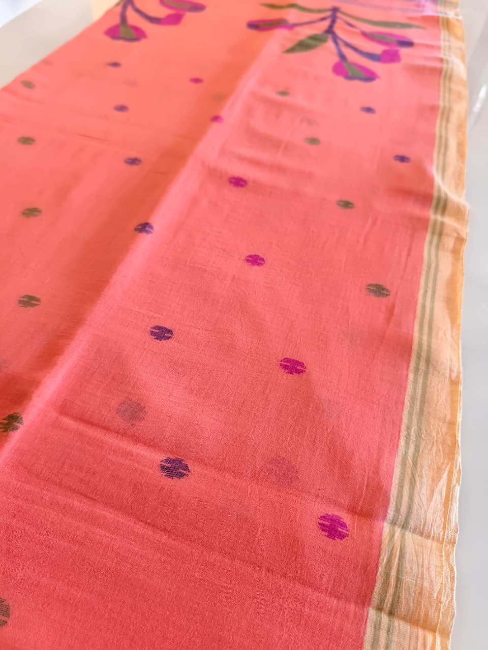 Coral Peach Pure Handloom Muslin Cotton Jamdani Saree