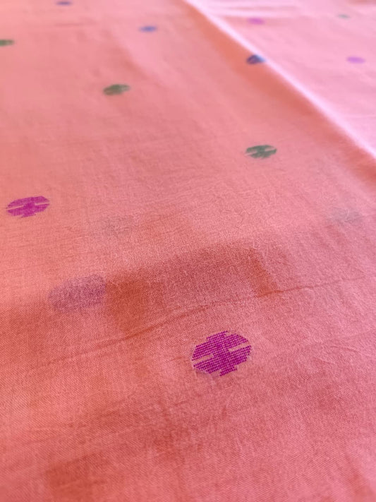 Coral Peach Pure Handloom Muslin Cotton Jamdani Saree