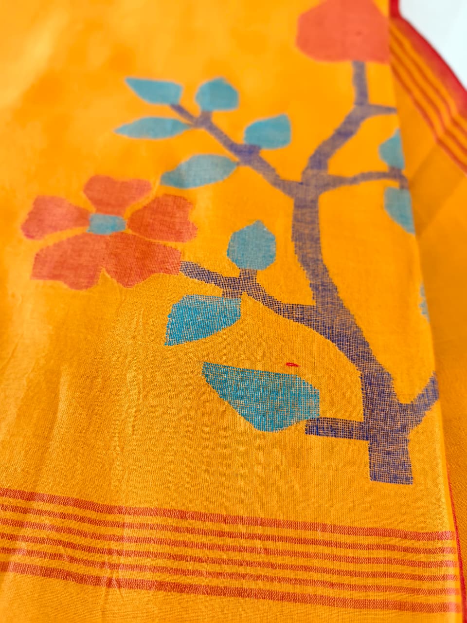 Mustard Yellow Muslin Cotton Jamdani Handloom Saree