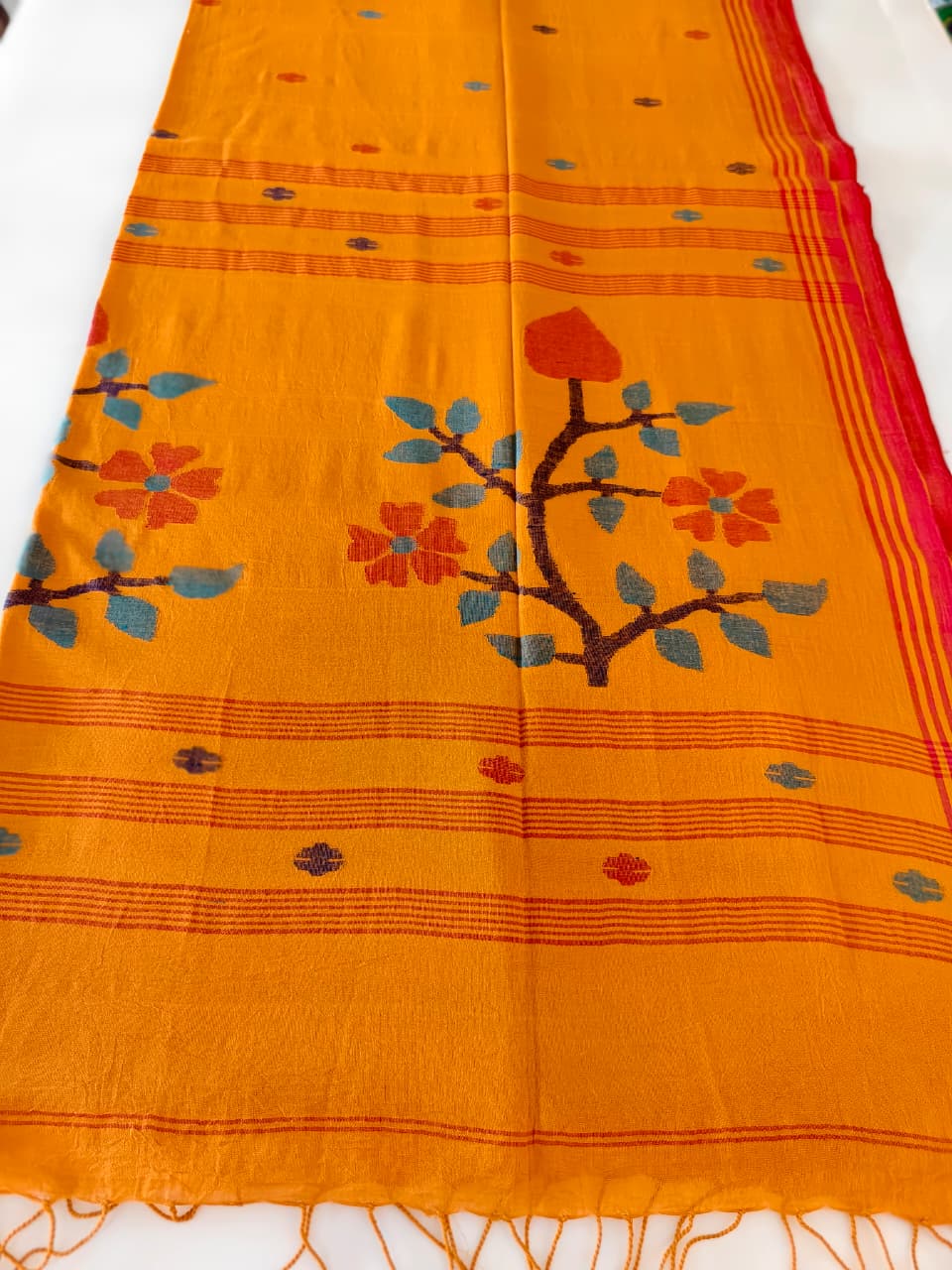 Mustard Yellow Muslin Cotton Jamdani Handloom Saree
