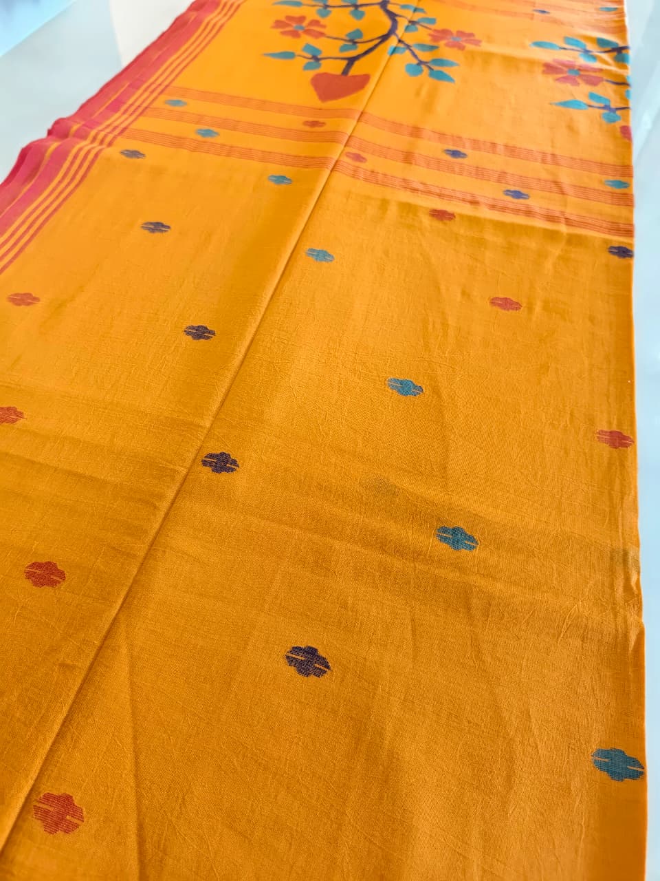 Mustard Yellow Muslin Cotton Jamdani Handloom Saree