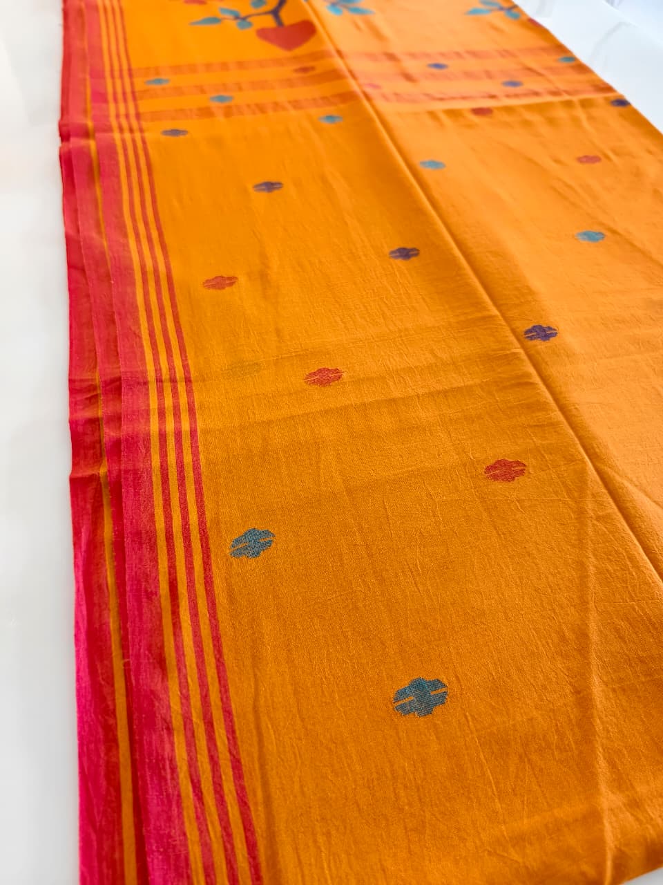 Mustard Yellow Muslin Cotton Jamdani Handloom Saree