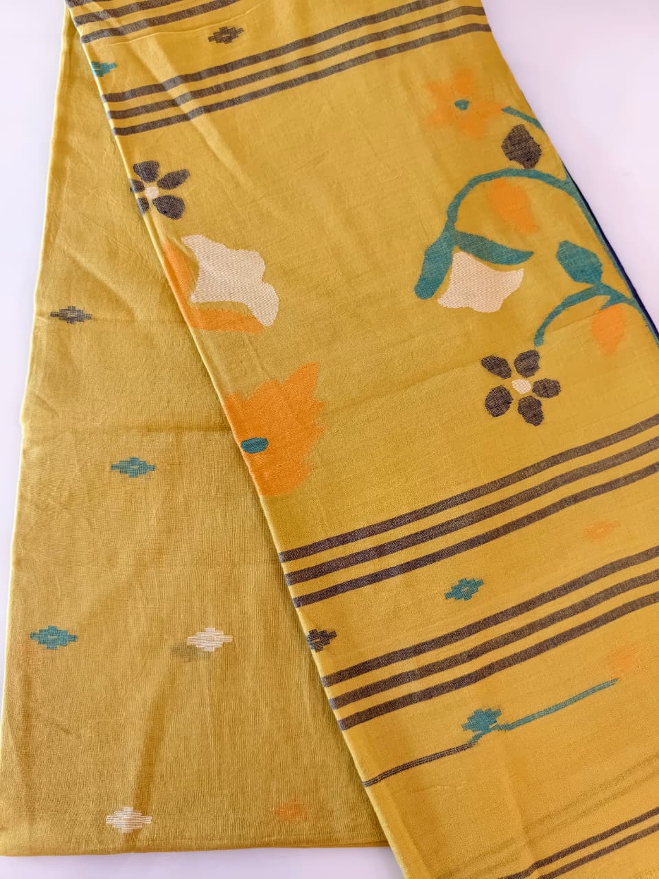 Mehendi Green Muslin Cotton Handloom Jamdani Saree