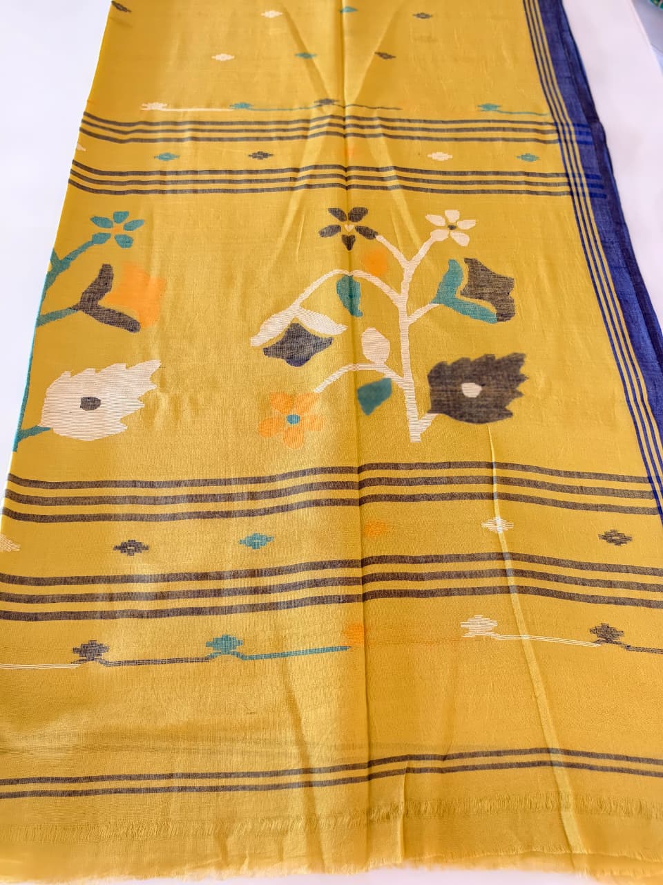 Mehendi Green Muslin Cotton Handloom Jamdani Saree