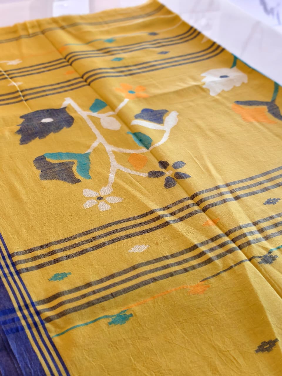 Mehendi Green Muslin Cotton Handloom Jamdani Saree
