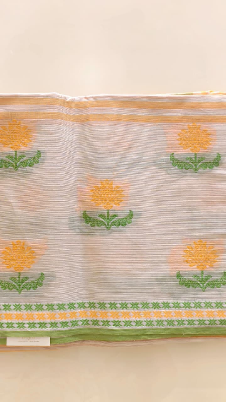 Ivory Cotton Woven Saree with Sage Green & Mustard Stripes – Contrast Blouse