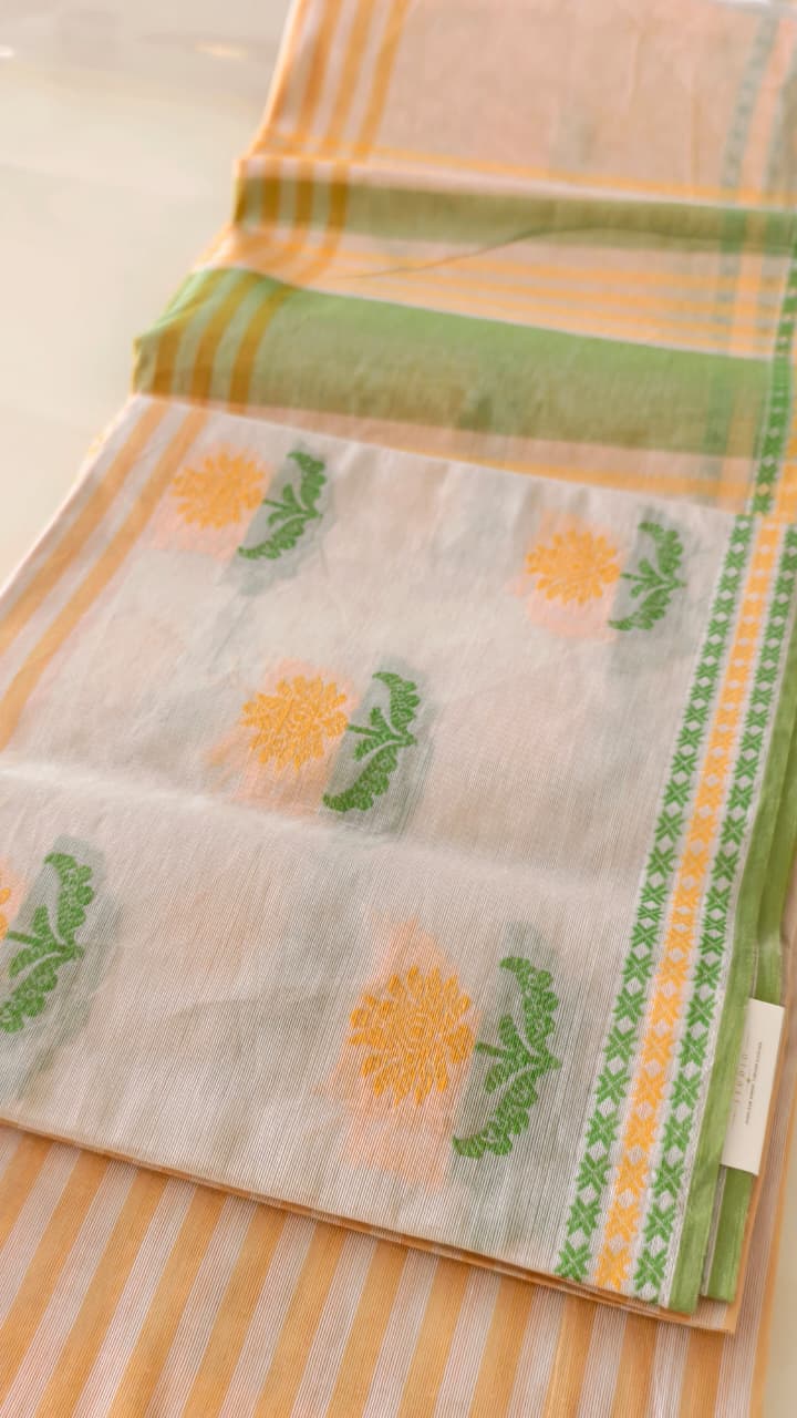 Ivory Cotton Woven Saree with Sage Green & Mustard Stripes – Contrast Blouse