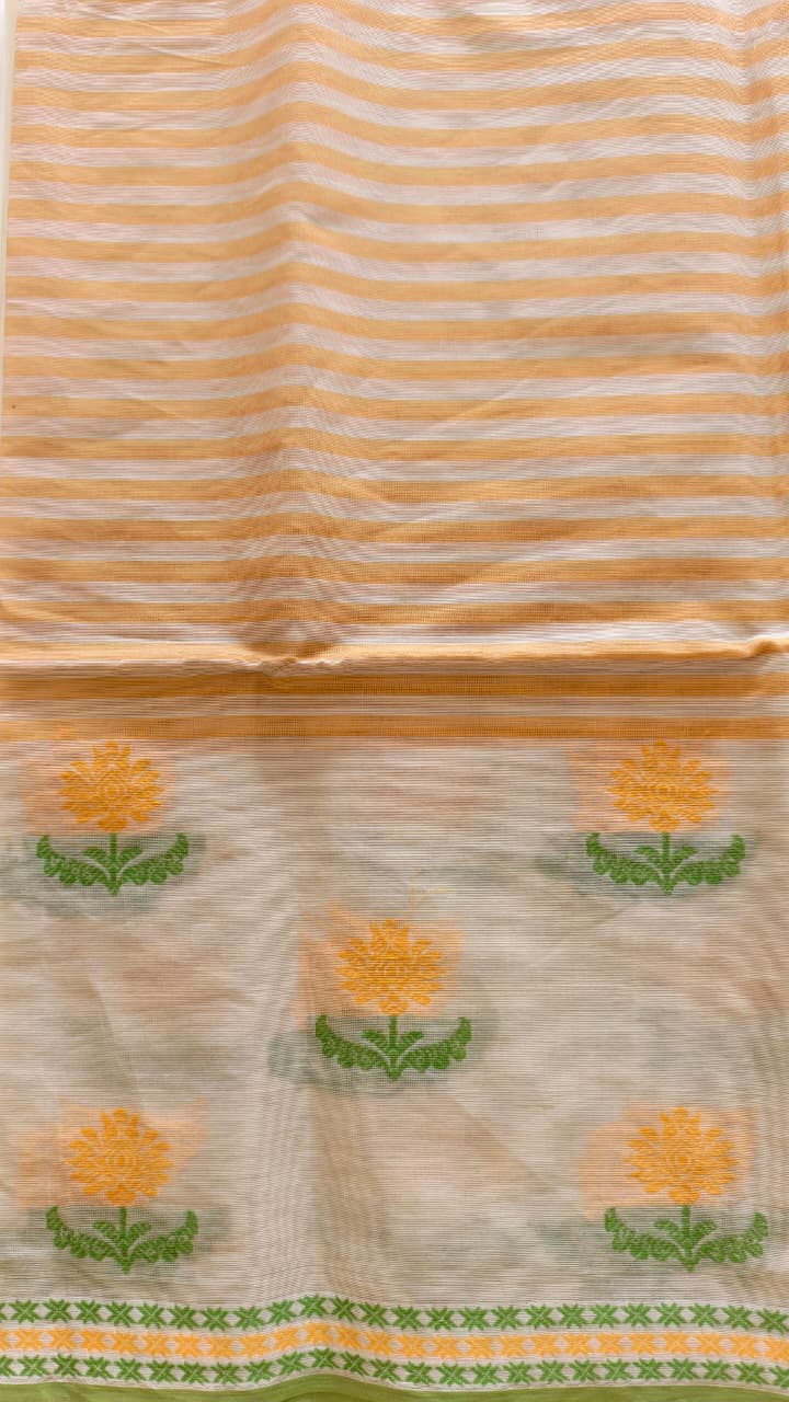 Ivory Cotton Woven Saree with Sage Green & Mustard Stripes – Contrast Blouse