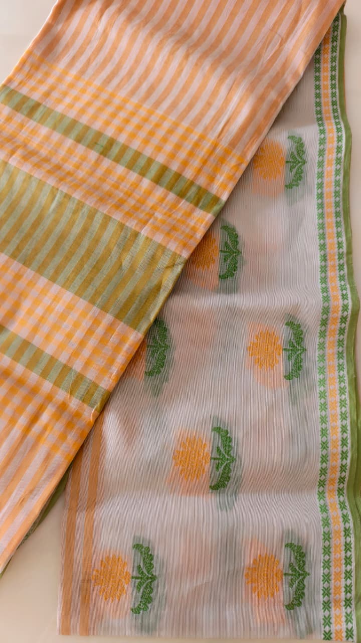 Ivory Cotton Woven Saree with Sage Green & Mustard Stripes – Contrast Blouse