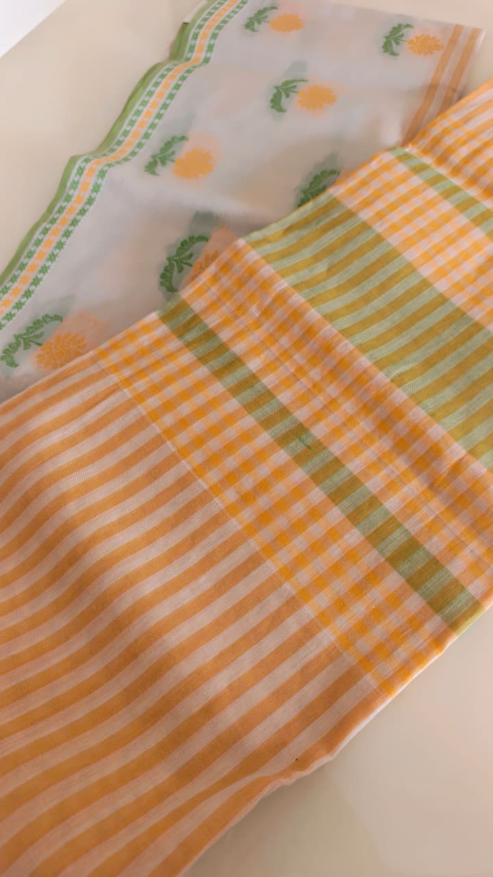 Ivory Cotton Woven Saree with Sage Green & Mustard Stripes – Contrast Blouse
