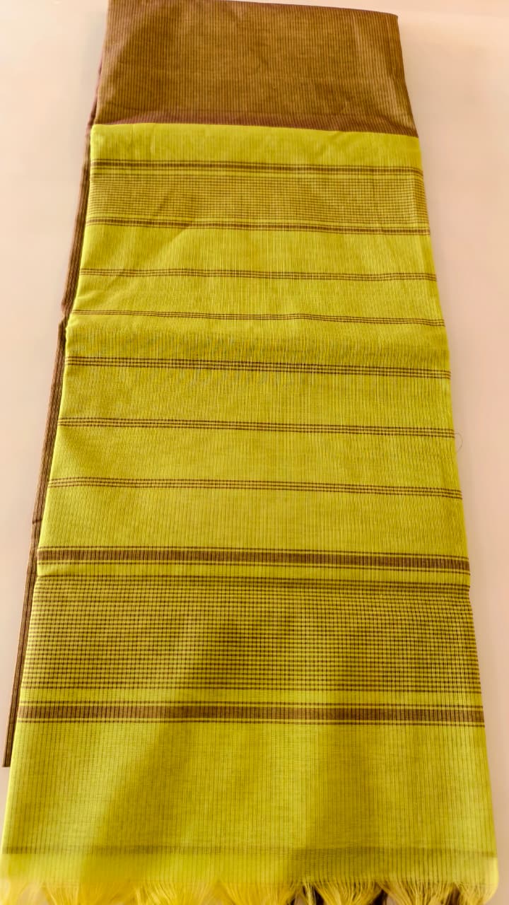 Pure Cotton Lime Green Saree with Fine Stripes & Contrast Maroon Blouse