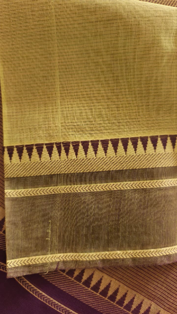 Pure Cotton Lime Green Saree with Fine Stripes & Contrast Maroon Blouse