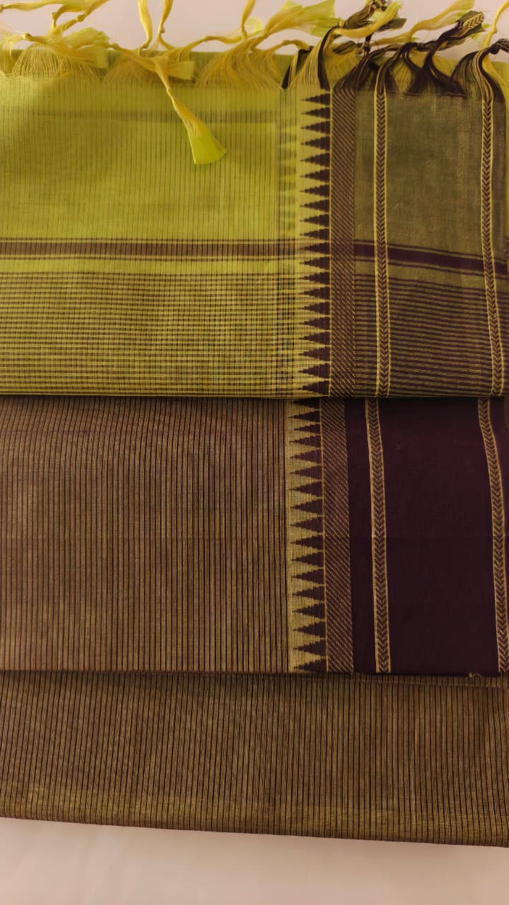 Pure Cotton Lime Green Saree with Fine Stripes & Contrast Maroon Blouse