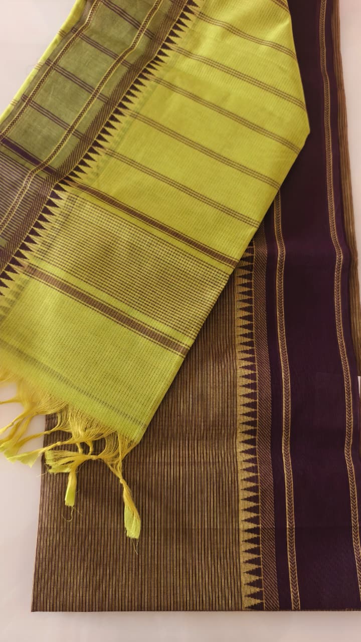 Pure Cotton Lime Green Saree with Fine Stripes & Contrast Maroon Blouse
