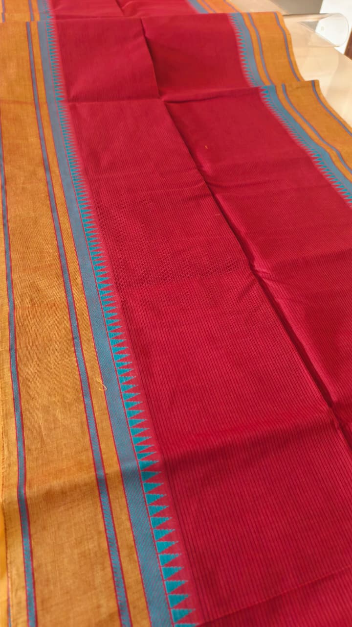 Pure Cotton Rust Orange Saree with Maroon Body & Teal Contrast Border